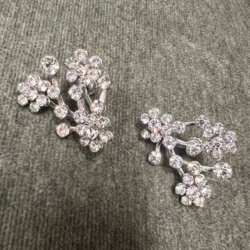 Vintage Snowflake Cluster Rhinestone Prong Silver Tone Earrings Screw Back